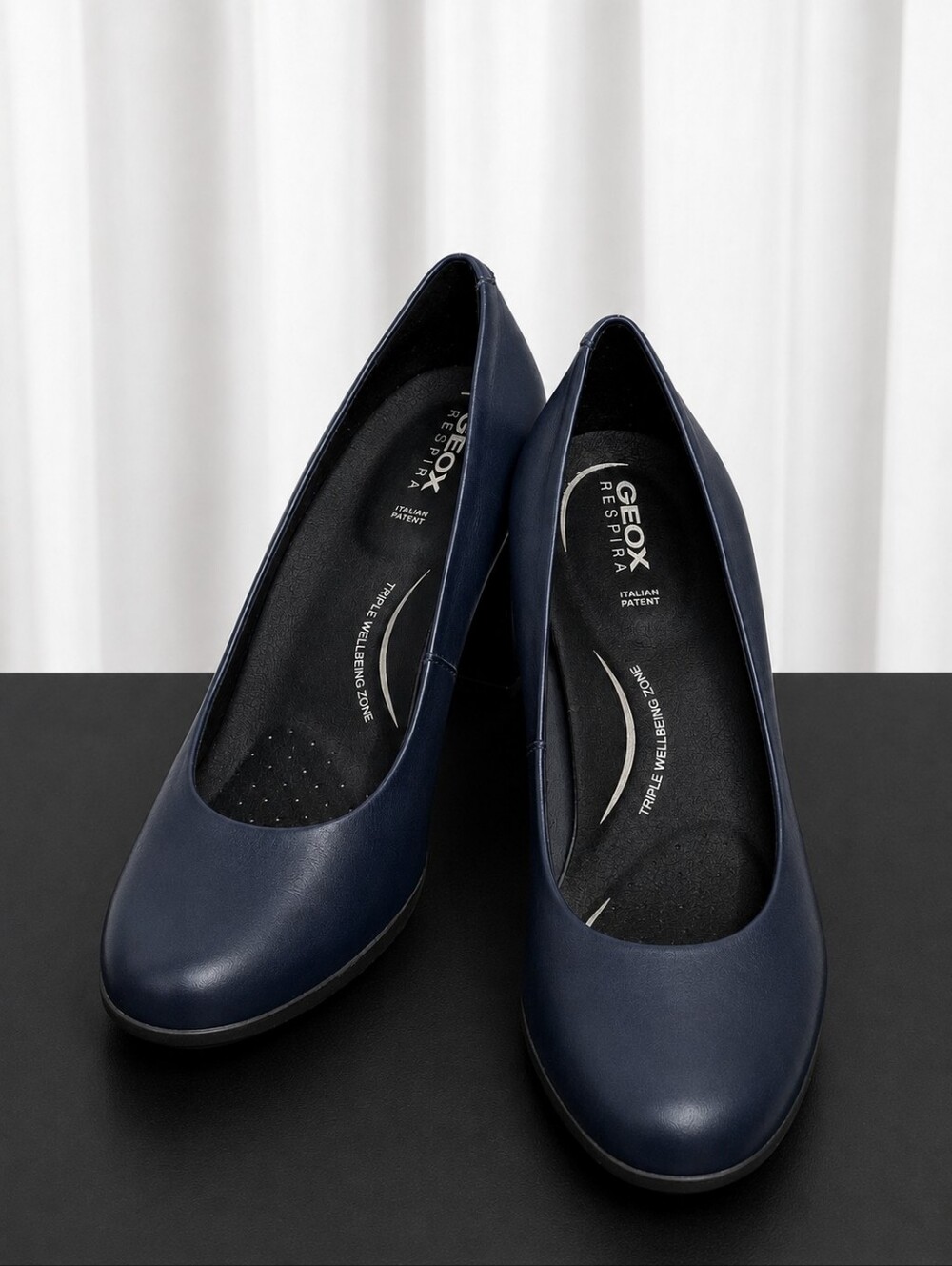 Geox Respira Navy Blue Leather Block Heel Comfort Career Wear Dress Pumps Shoes